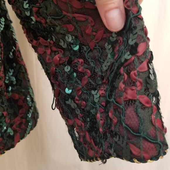 VTG Lacey Sequin Jacket Union Tag Sz L Red Green Retro Elegant MOB Festive Glam - Picture 11 of 11
